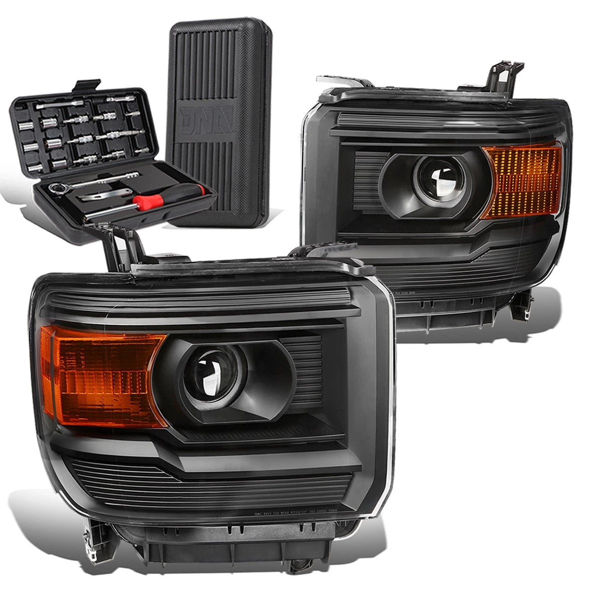 Pair of Black/Amber Signal Projector Headlights for Sierra 1500 (2014–2018)