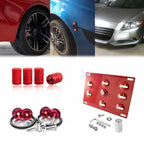 Red Tow License Plate + Air Valve Cap + Release Fastener for Honda Fit (2010–2014)