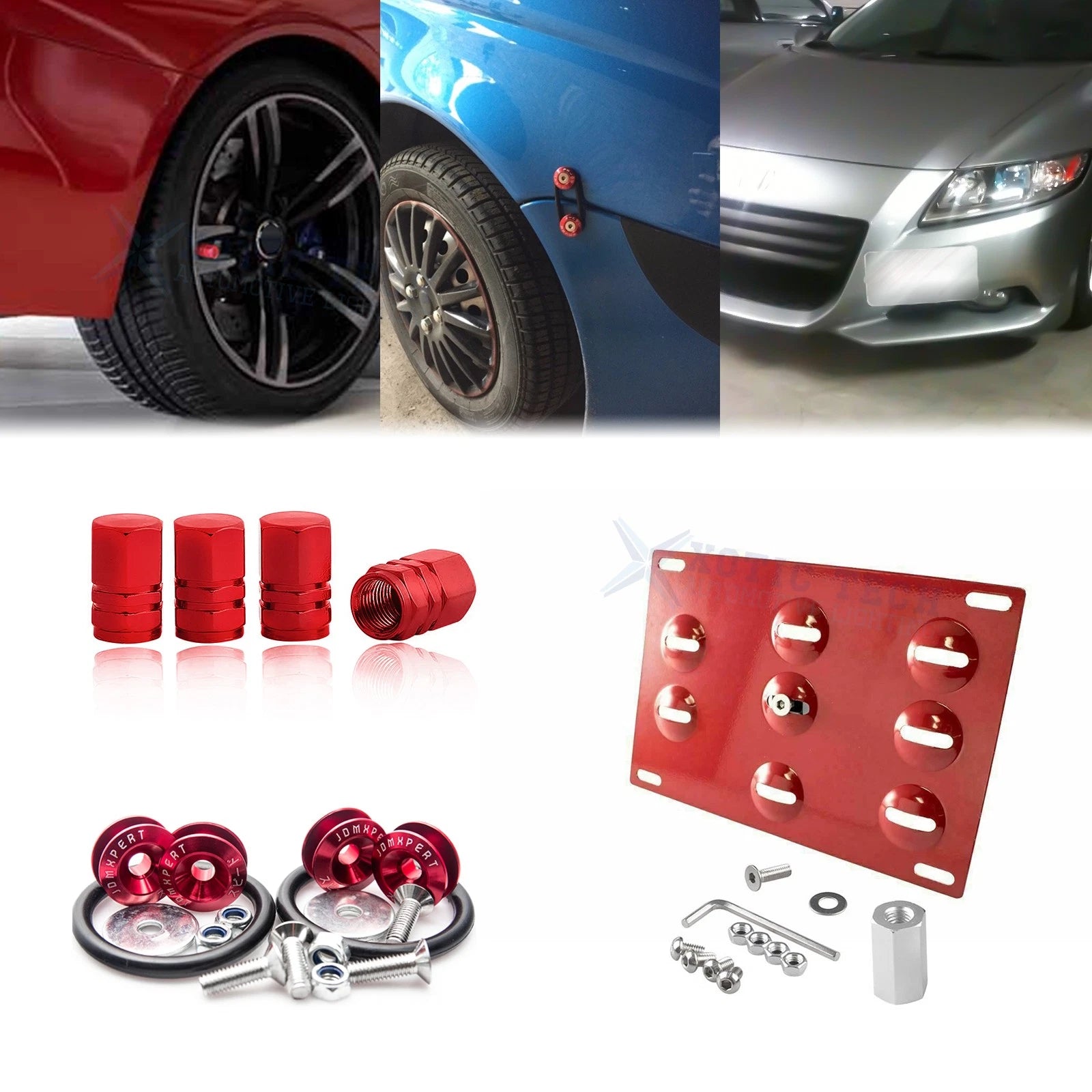 Red Tow License Plate + Air Valve Cap + Release Fastener for Honda Fit (2010–2014)
