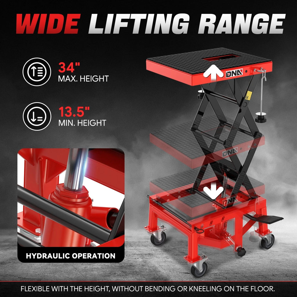 Hydraulic Scissor Lift Jack for Motorcycle (13.5"-34", 300lbs Capacity)