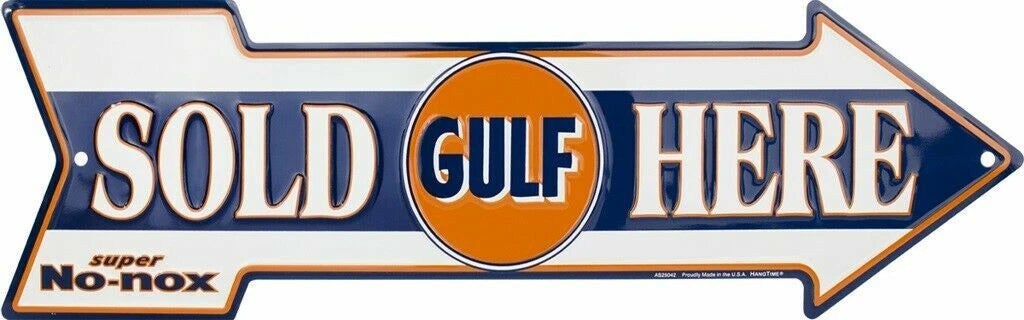 Gulf Sold Here Metal Arrow Sign for Garage Decor (20" x 6")