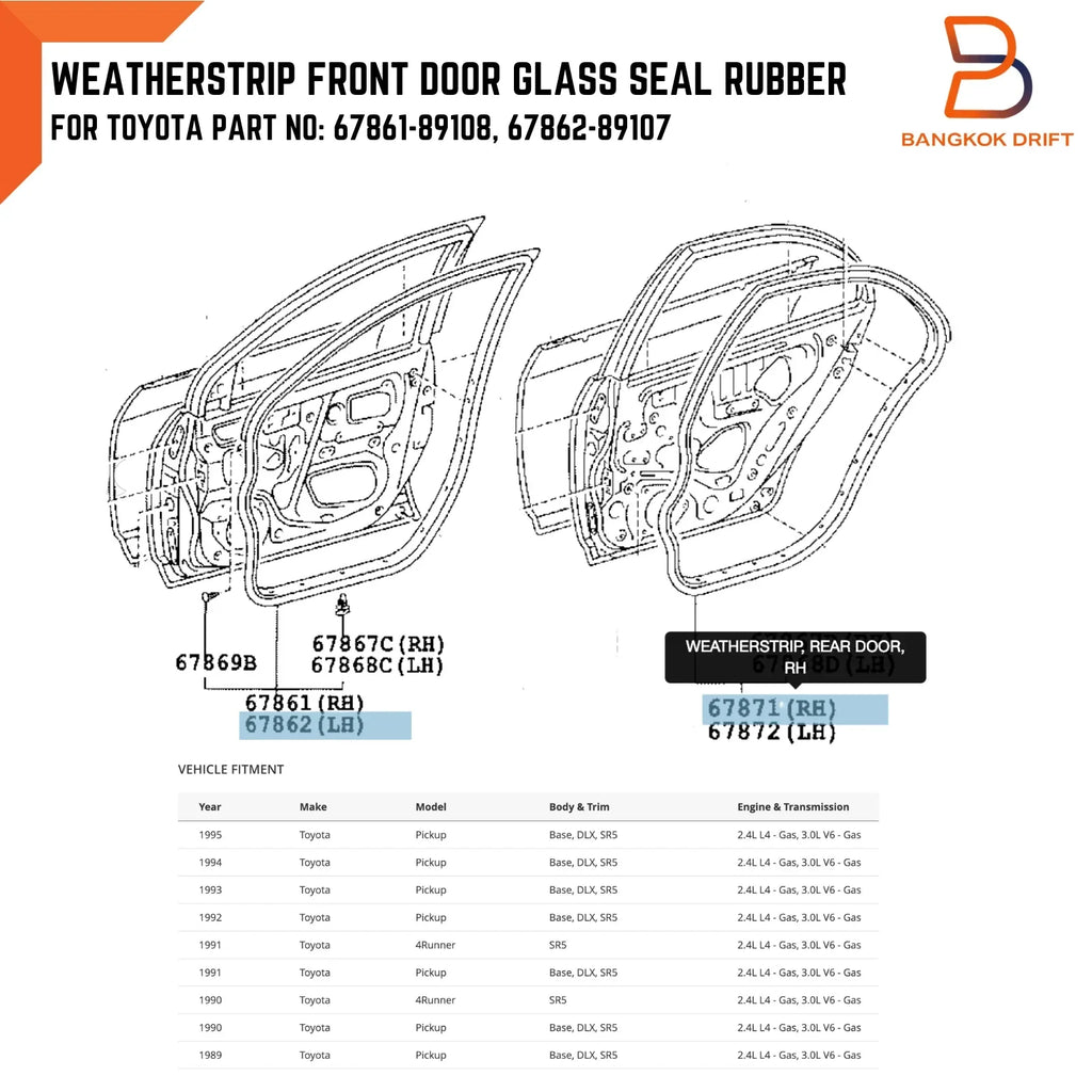 Front Door Seal Weatherstrip for Toyota Hilux Ute MK3 4Runner (88-96)