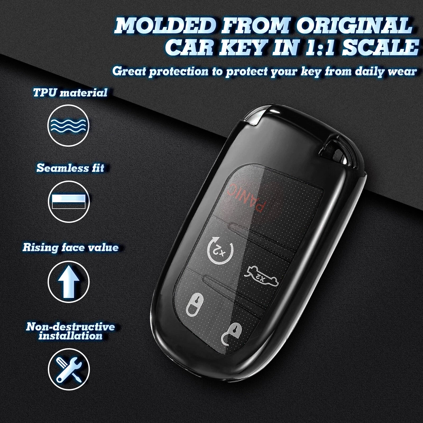 2X Black TPU Full Cover Keyless Entry Key Fob Protector for Jeep (2017-2024)