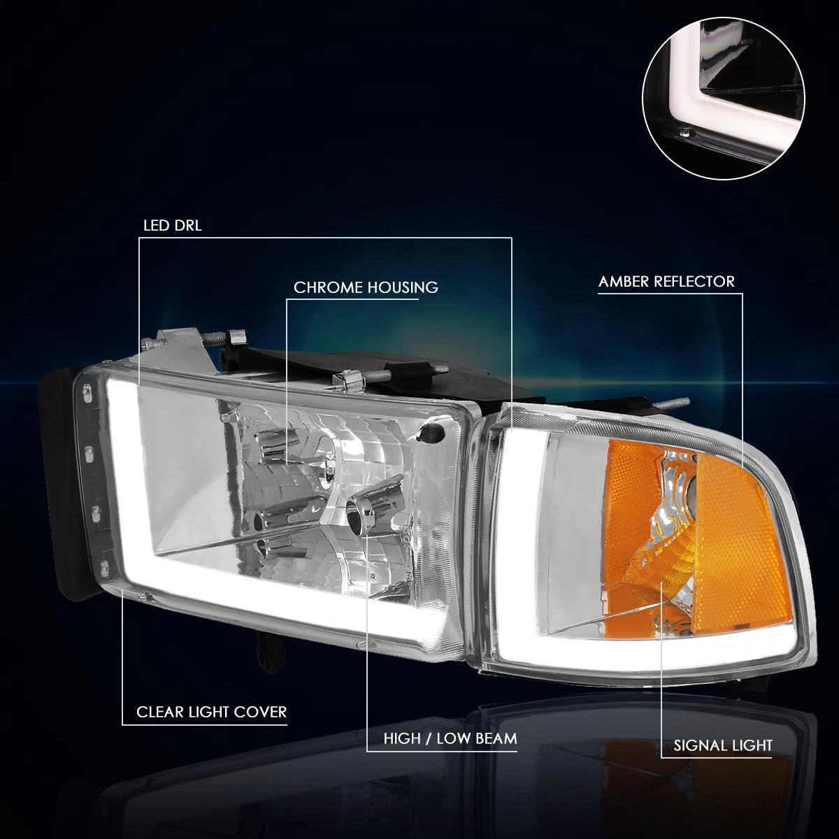 Dual L-Bar LED DRL Headlight for Dodge Ram (1994–2002) - Chrome Housing