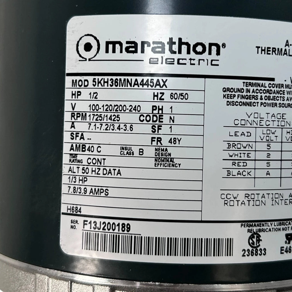 A-C Motor 1/2 HP 60/50Hz 1725/1425 RPM for Marathon Electric (5KH36MNA445AX)