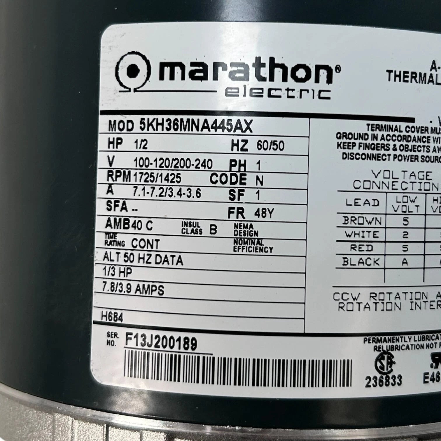 A-C Motor 1/2 HP 60/50Hz 1725/1425 RPM for Marathon Electric (5KH36MNA445AX)