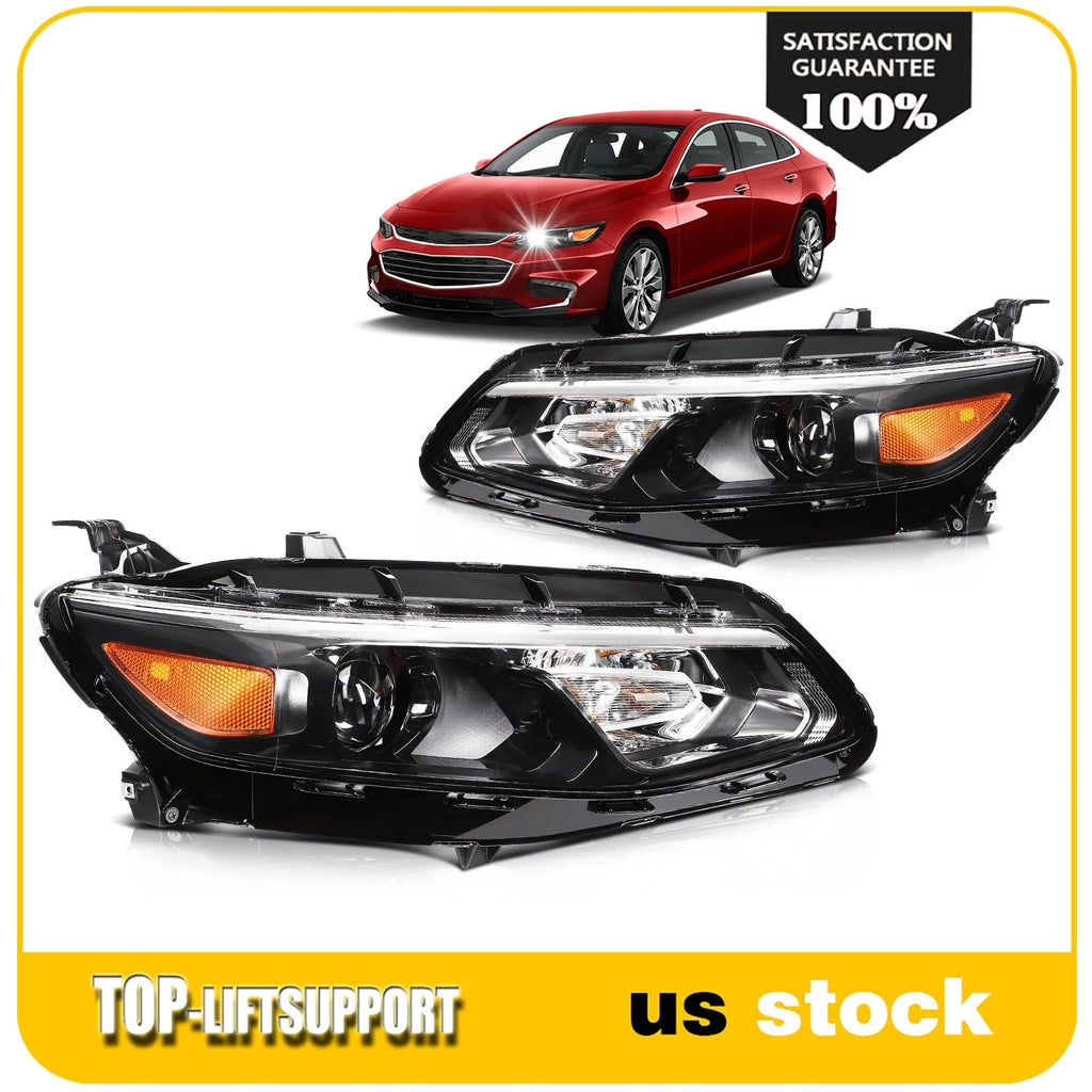 Headlights with Bulbs for Chevy Malibu (2016–2018) Black Housing Amber Pair