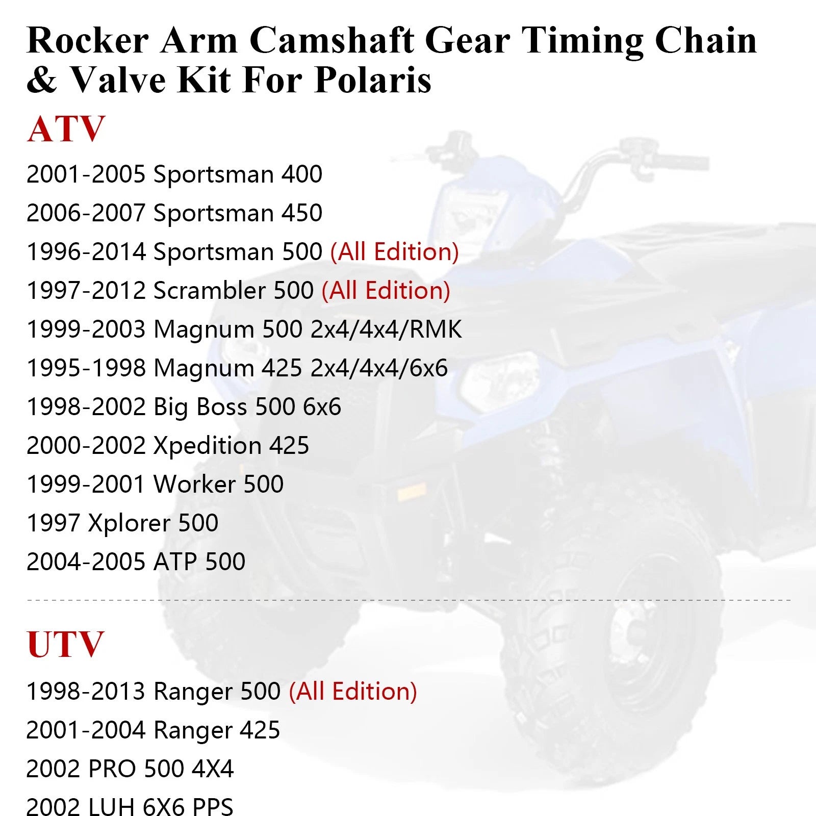 Camshaft Timing Chain Rocker Arm + Valve Kit for Polaris Scrambler 500 (1997–2012)