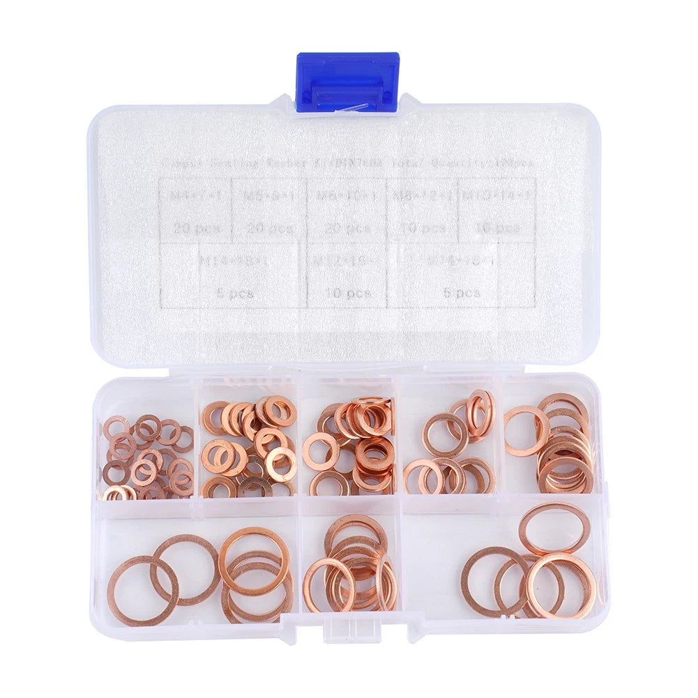 Copper Washers Seal Assortment Kit 100 Pcs for Universal Applications (130x68x22mm)