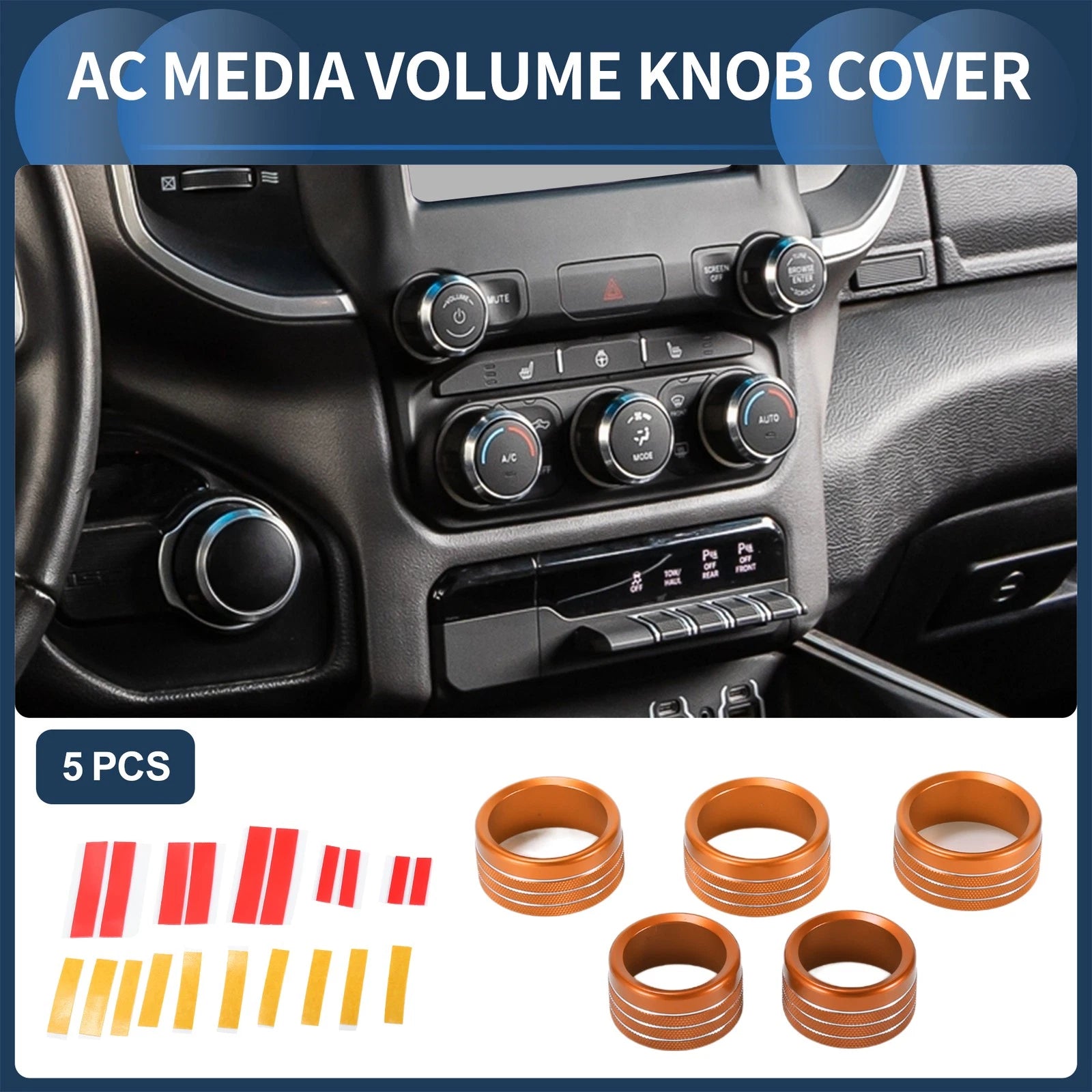 Set of 5 AC Media Volume Switch Knob Cover Rings for Dodge RAM (2018–2022) Orange