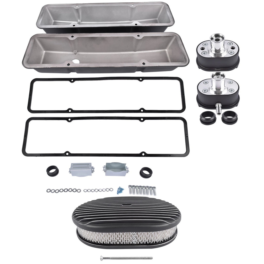 Finned Tall Valve Covers & Oval Air Cleaner Kit for Chevy SBC