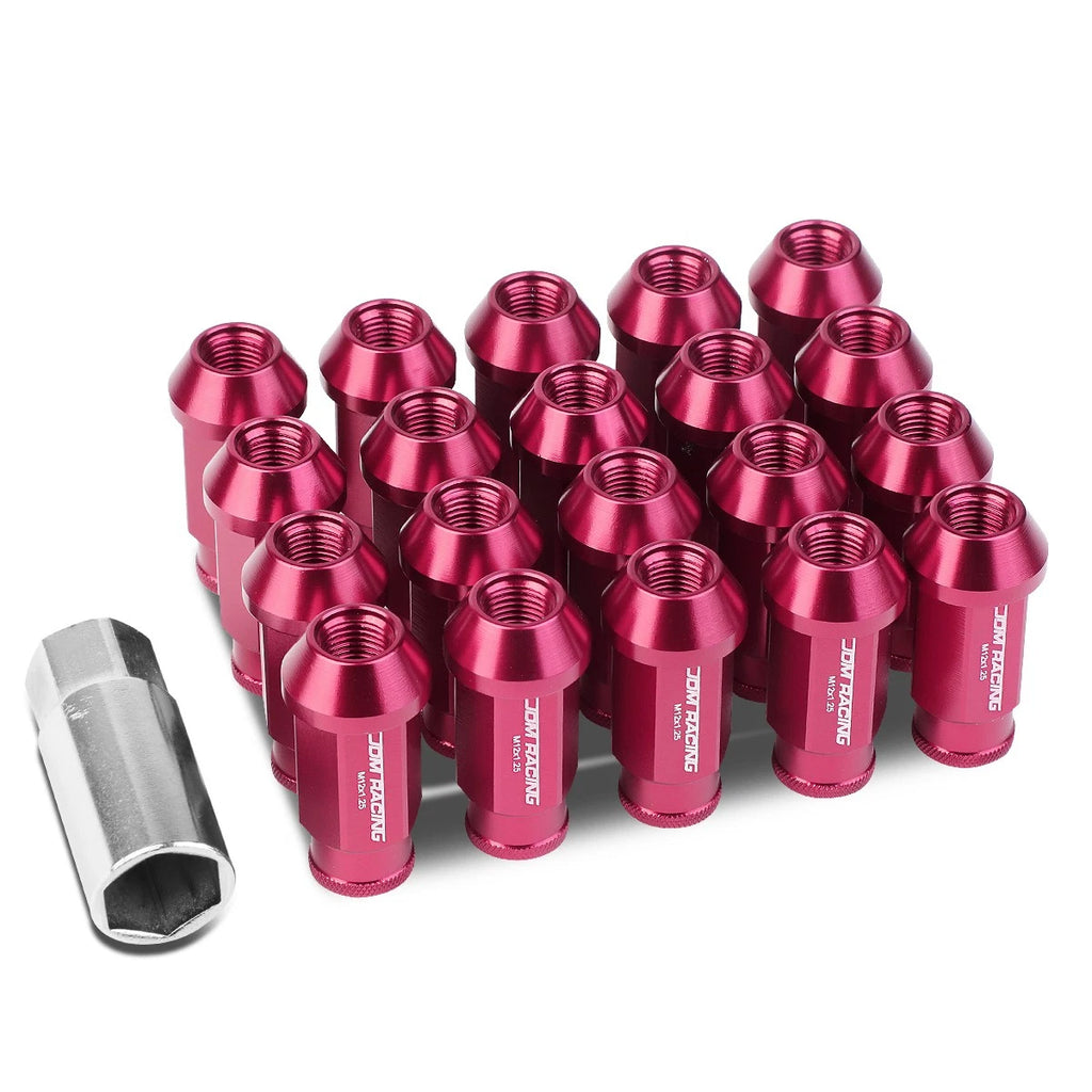 20 PCS Open End M12x1.25 50mm Tall Pink Universal JDM Rim Lug Nuts + Key