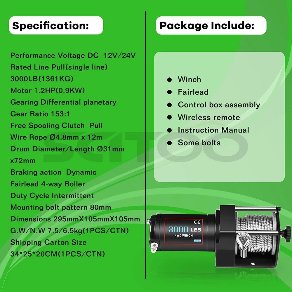 3000LBS 12V Electric Winch for ATV UTV Truck Off Road (3000lb)