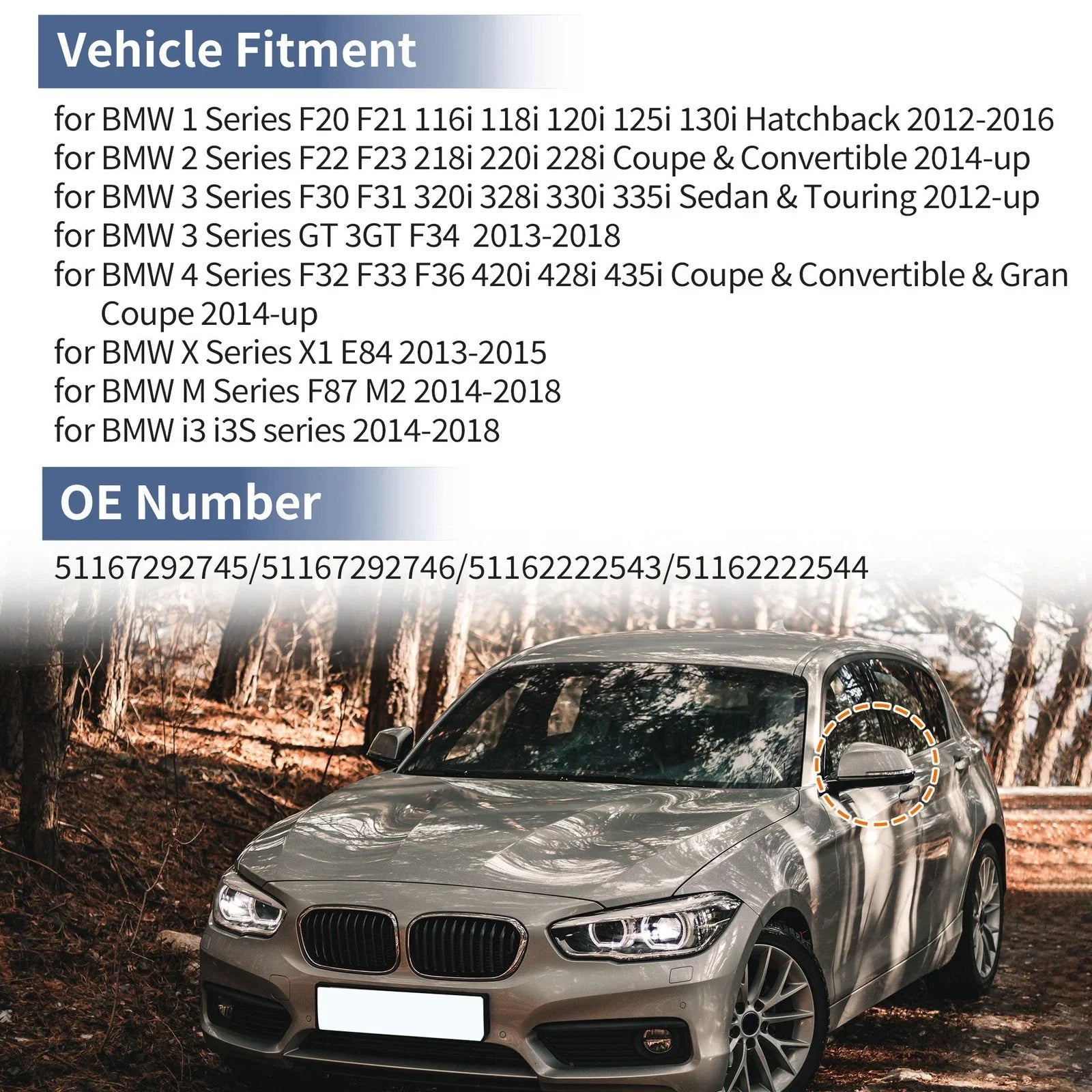Left/Right Mirror Cover Caps White for BMW 1 Series Hatchback