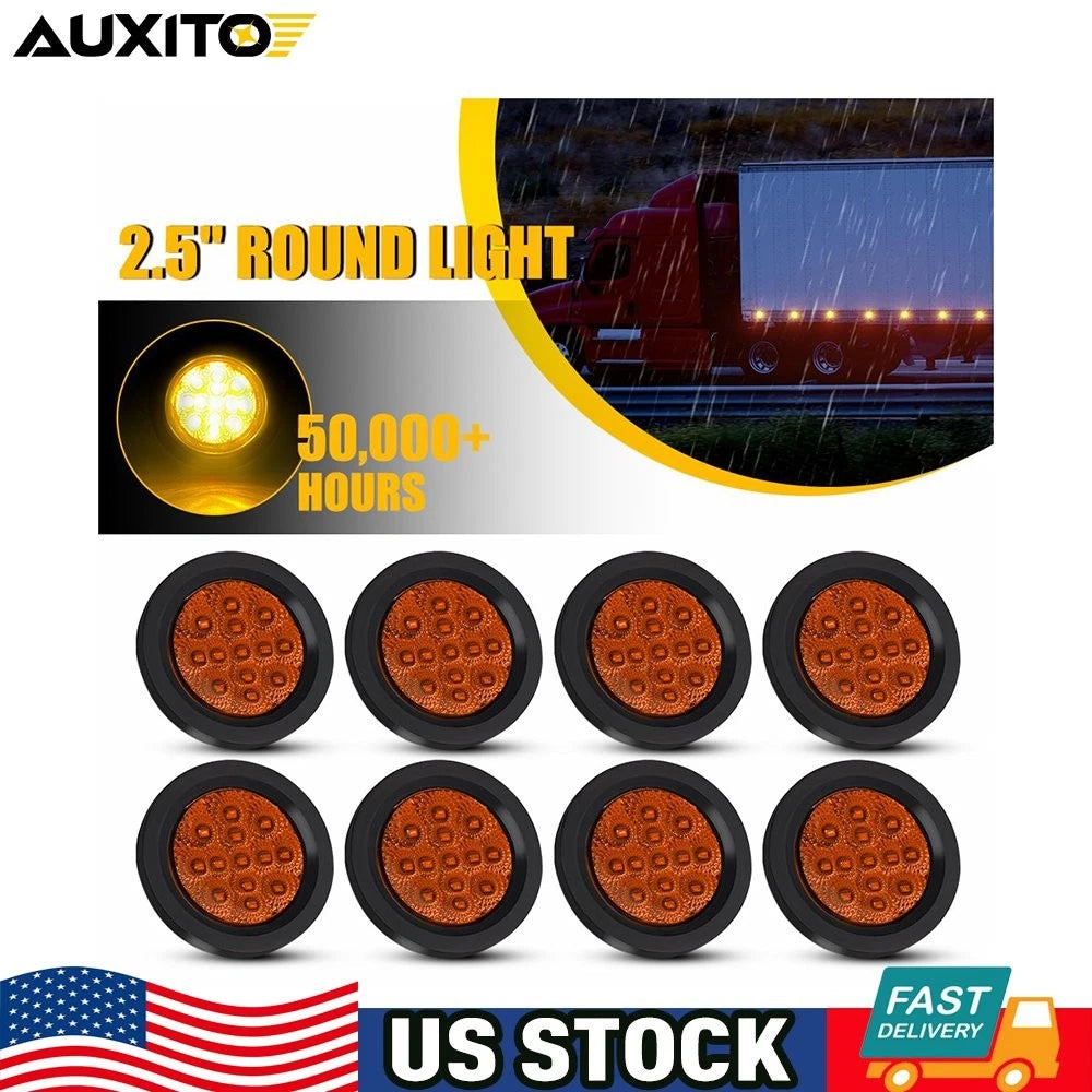 8pc 2.5" Round LED Trailer Side Marker Clearance Light Clear Lens Amber 12V