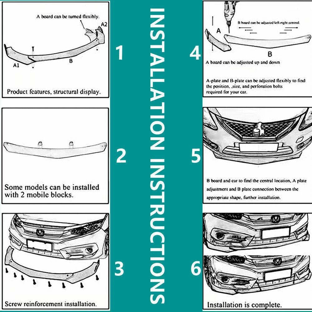 Front Bumper Lip Splitter Spoiler + Strut Rods for Honda Accord Civic