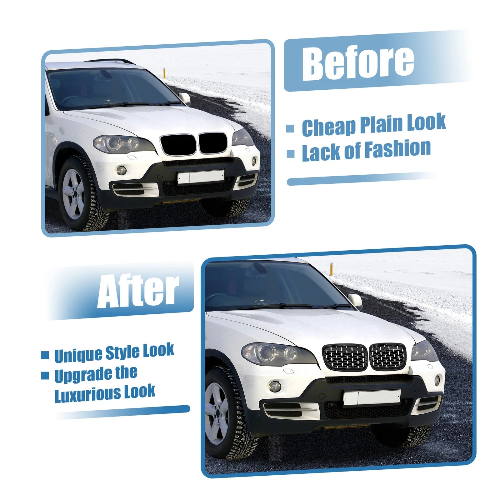 Set of 2 Front Hood Bumper Grilles for BMW X5 X6 (2008–2013) Black Silver Tone