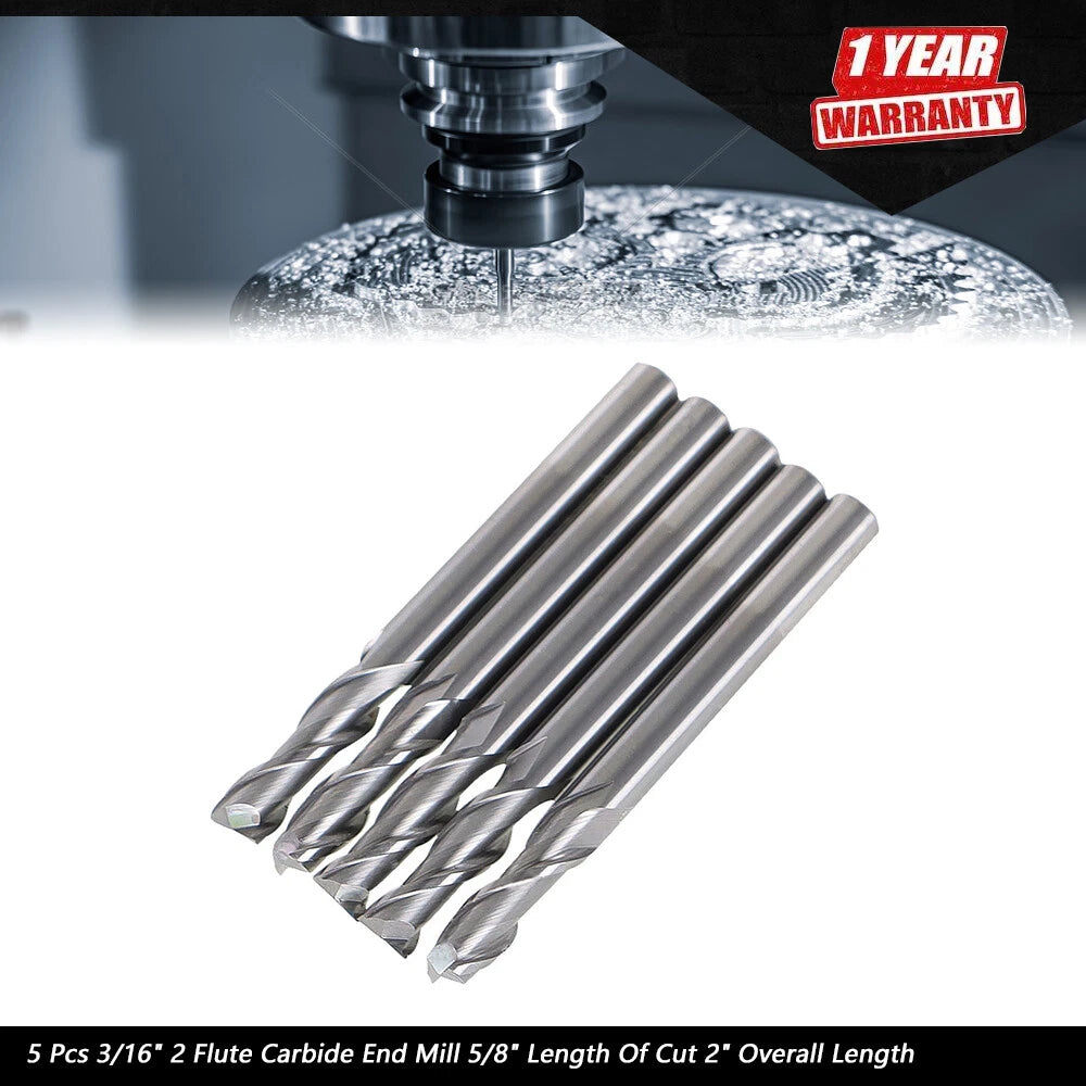 Set of 5 Carbide End Mills for Various Applications (3/16", 2 Flute)