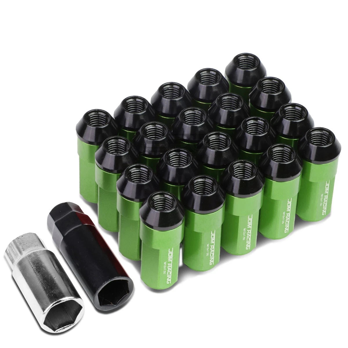 20 PCS M12X1.5 53MM Tall Green Aluminum Lug Nuts with Caps & Adapter