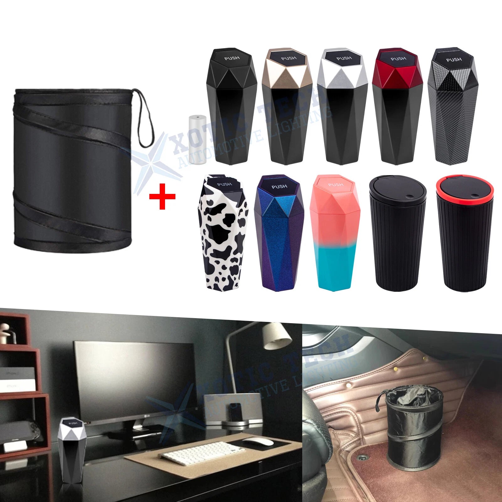 Car Interior Trash Can with Lid for Small Leakproof Bin (—)