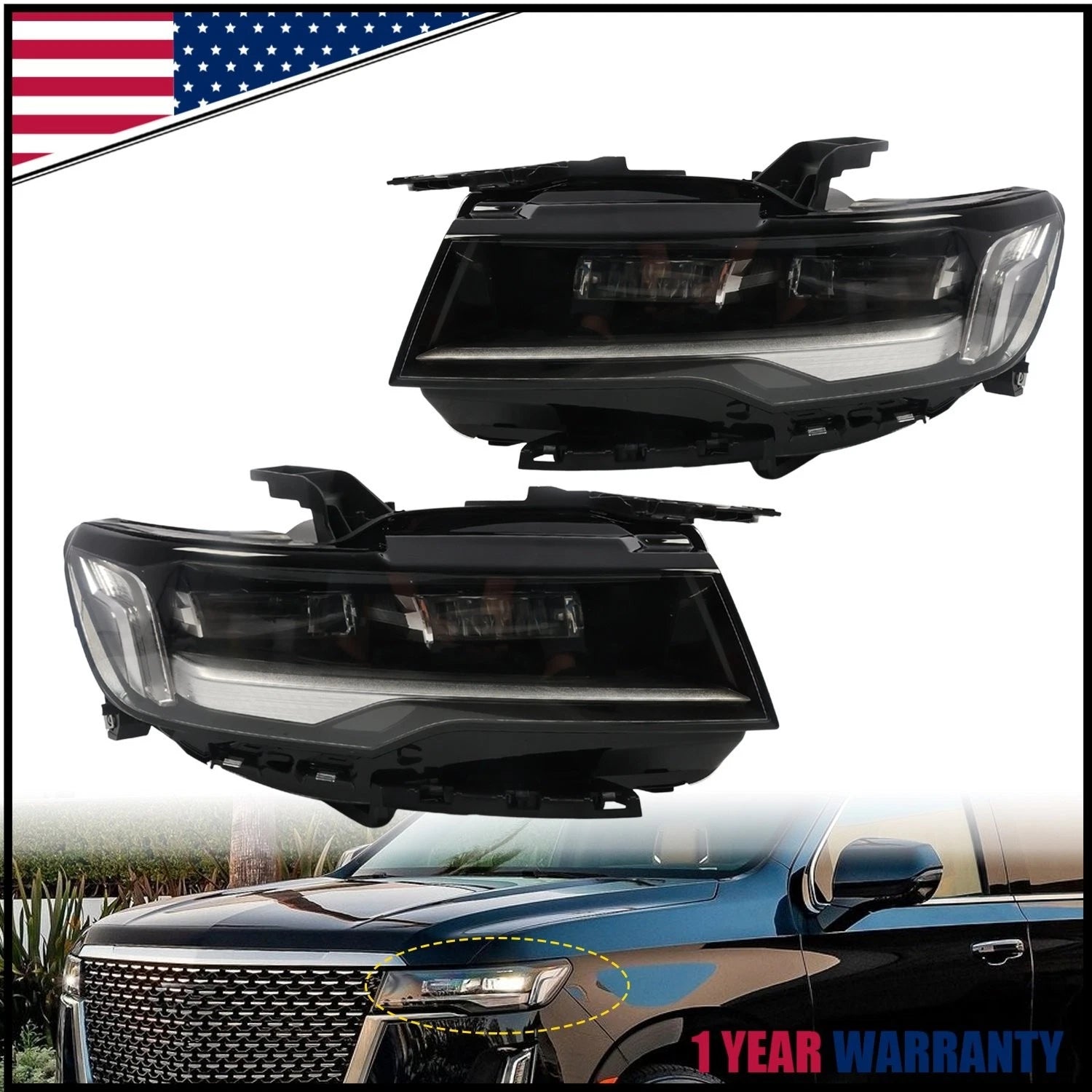 Pair Full LED Headlights for Cadillac Escalade (2021–2024) Chrome