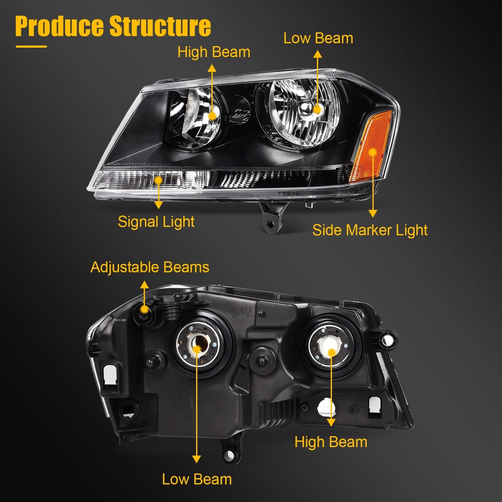 Set of 2 Headlight Assemblies for Dodge Avenger (2008–2014) Black Housing