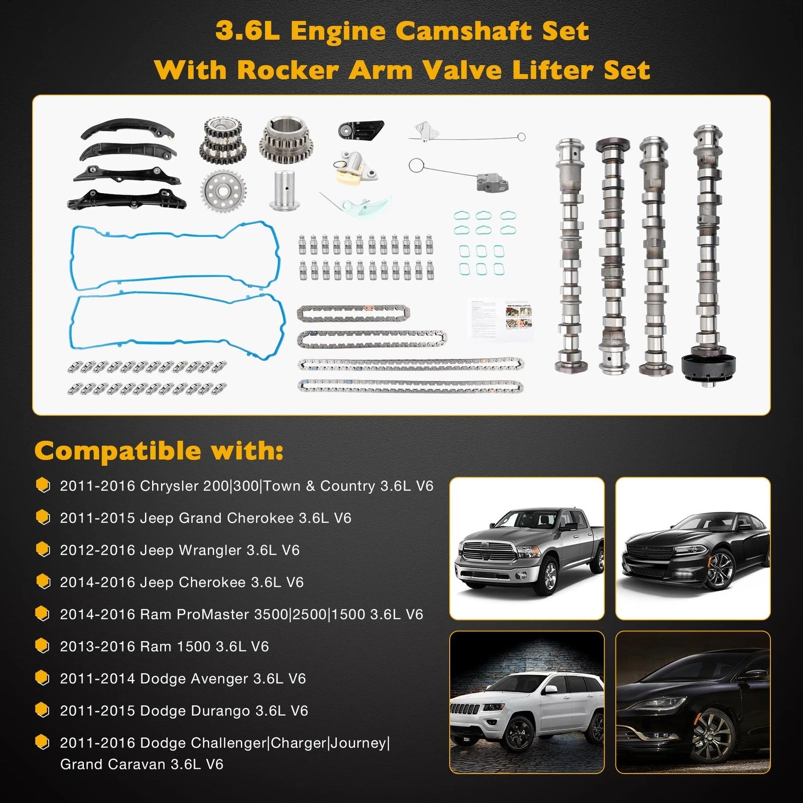 Camshaft Rocker Lifters Kit for Chrysler 200 300 Dodge Ram 3.6L V6 (2011–2020)