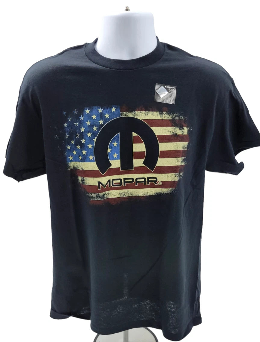 Mopar Emblem Black T Shirt with American Flag Background for Dodge (2008–2018)
