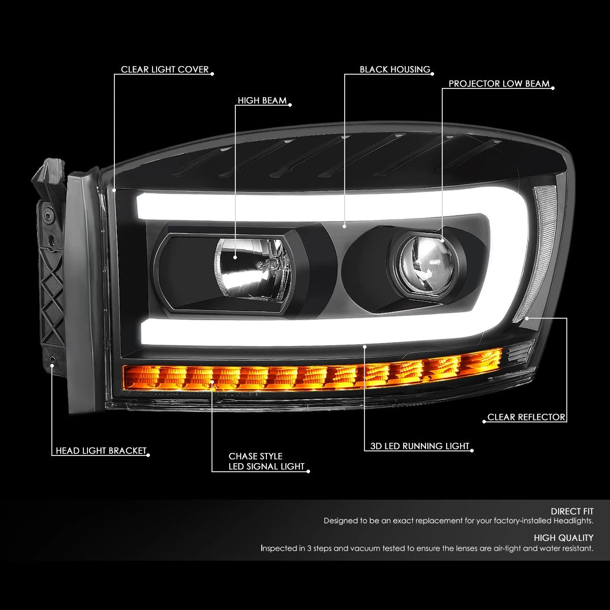LED DRL Sequential Turn Signal Projector Headlight for Ram Truck (2006–2009)