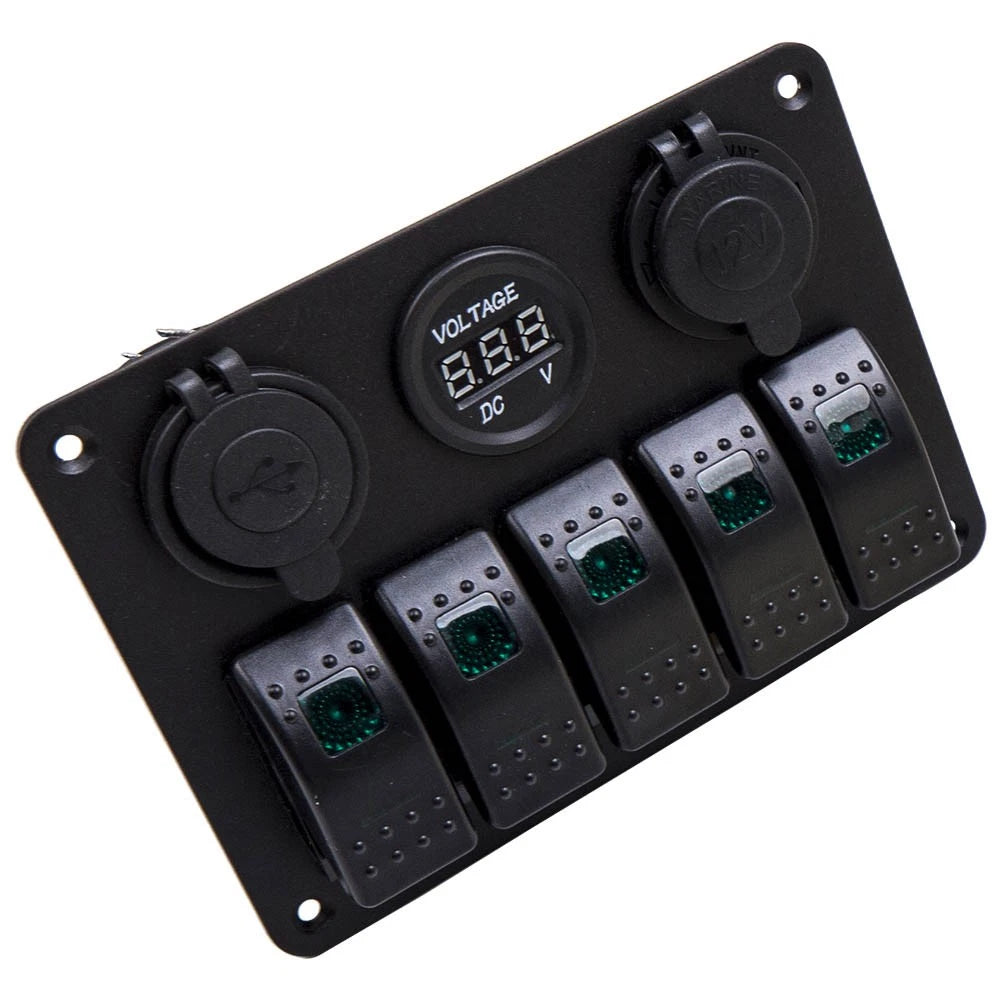 5 Gang LED Toggle Switch Panel with 2 USB Charger for Car Boat Marine