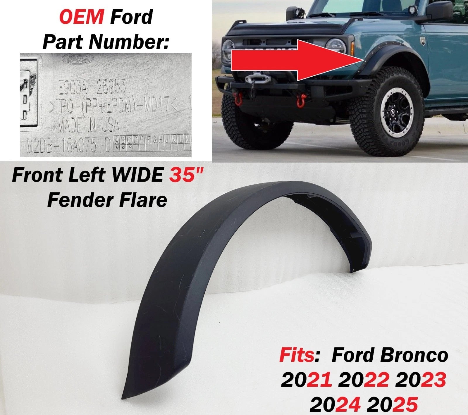 Front Left Wide Fender Flare Molding for Ford Bronco (2021–2025) M2DB16A075D