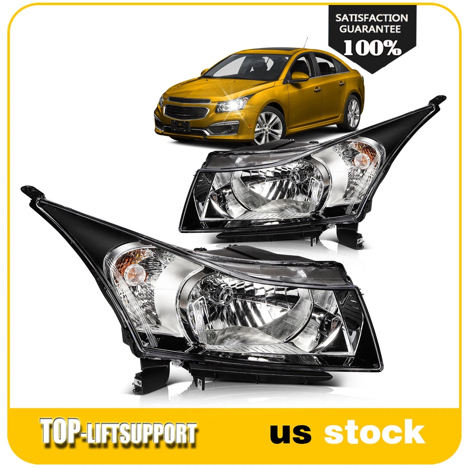 Set of 2 Headlight Assembly for Chevy Cruze (2011–2015) Black Housing