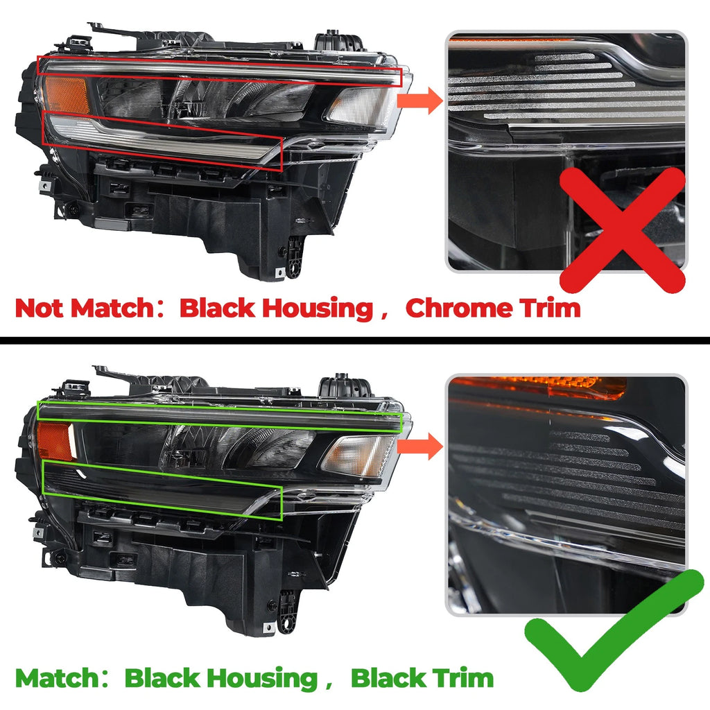LED Headlight for Ram 1500 (2025–2026) - Halogen Turn Signal, Black Trim