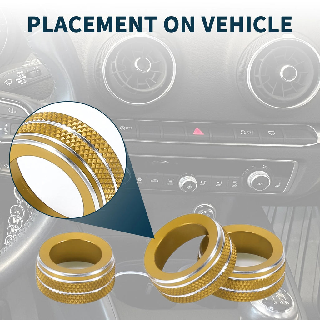 Set of 3 AC Climate Heater Switch Knob Cover Rings for Audi A3 8V (2014–2020) Gold Tone