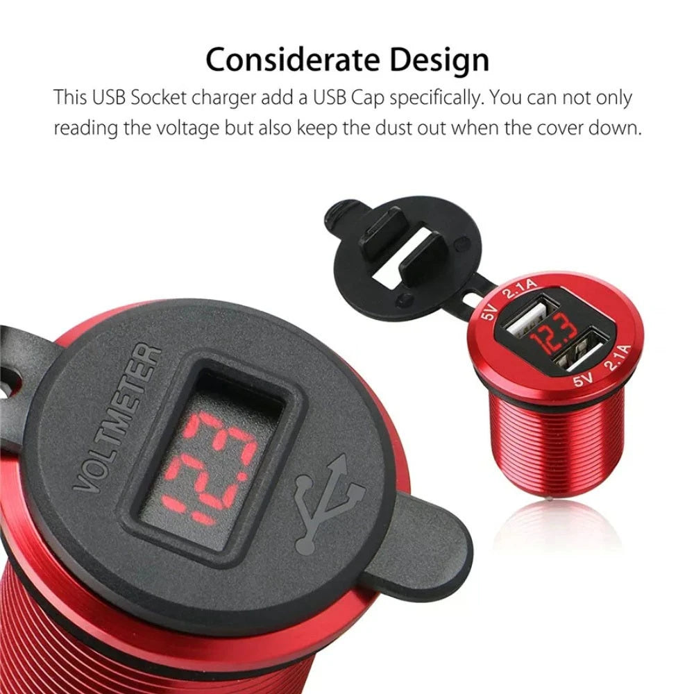 Dual USB Charger Adapter for Car Cigarette Lighter Socket with LED Display (12-24V)