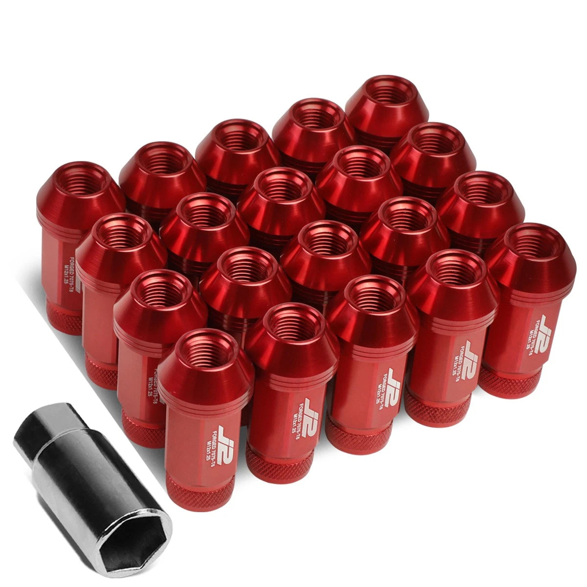 20Pcs J2 7075 Forged Aluminum M12x1.25 Open-End Lug Nut Kit w/ Adapter Red