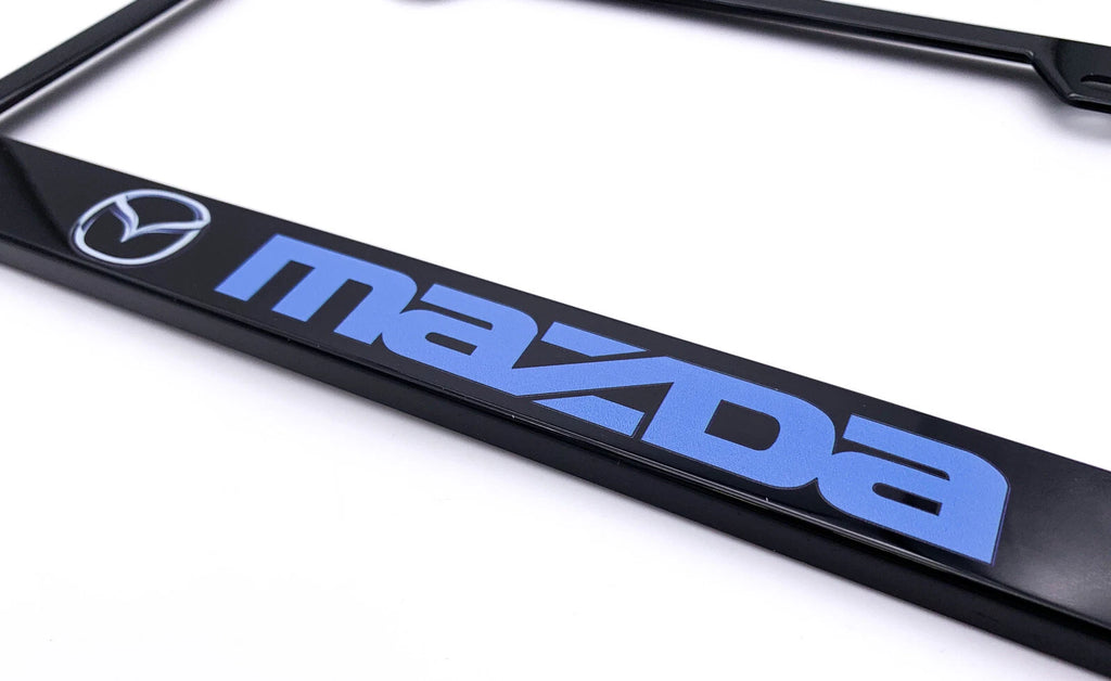 License Plate Frame Black Plastic with Blue Mazda Script for Mazda (2000–2024)