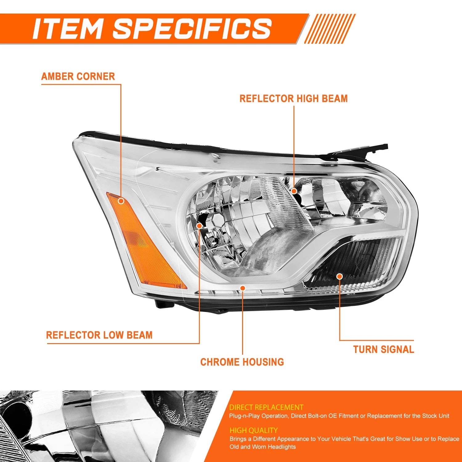 Right Side Chrome Housing Amber Corner Headlight for Ford Transit 150-350 (2015–2023)