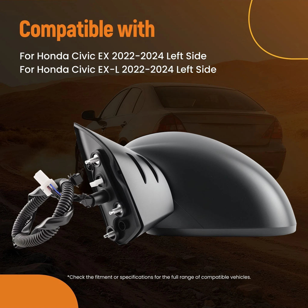 Front Left Side Mirror for Honda Civic EX (2022–2024) HO1320351 Black Glass