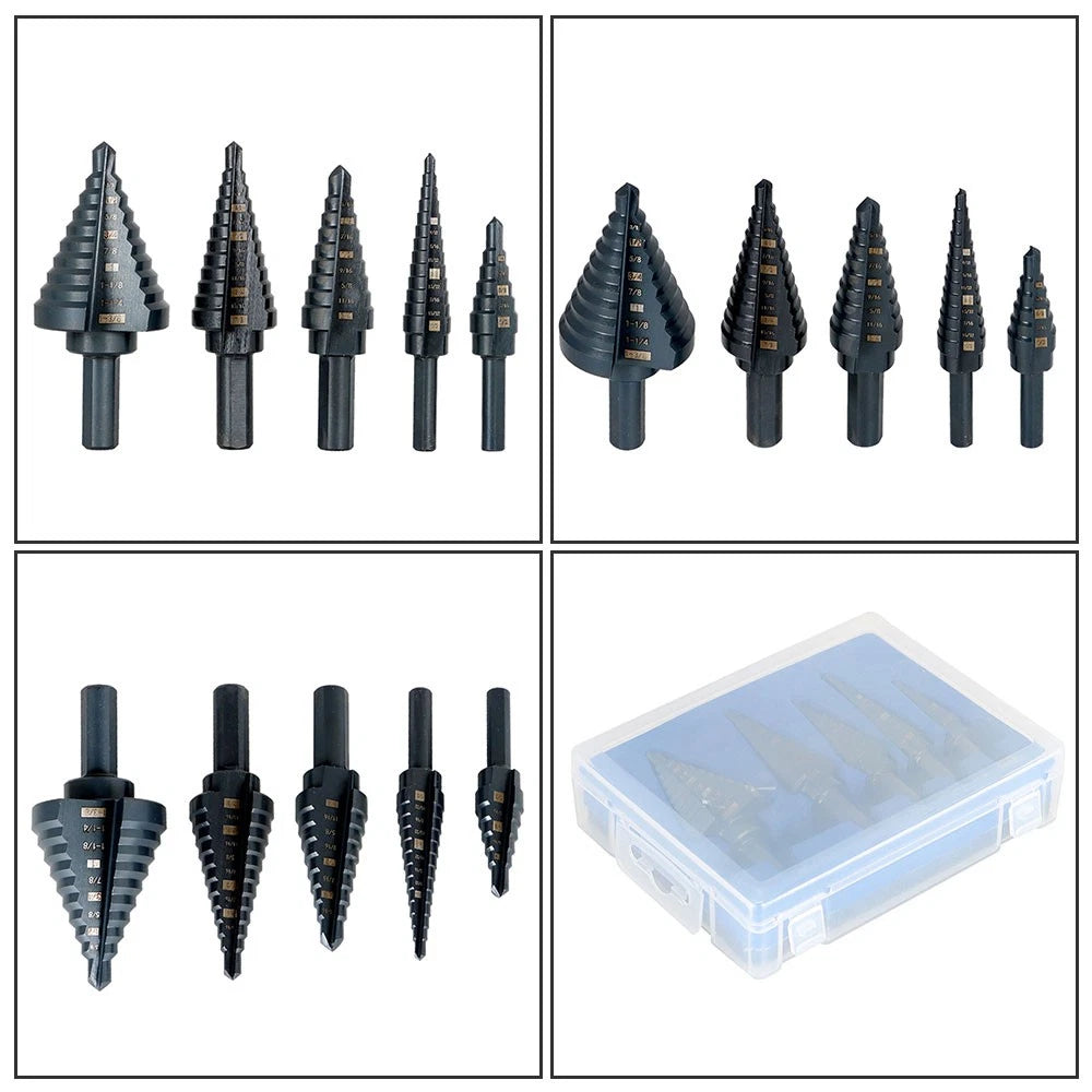 Set of 5 Step Drill Bits Black Oxide M2 1/8-1-3/8"