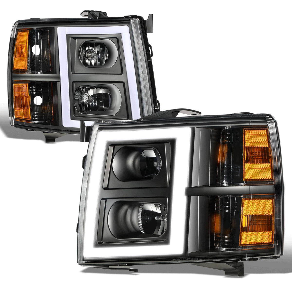 Black/Amber Headlight Headlamp with LED Bar for Silverado 1500 2500HD 3500 (2007–2014)