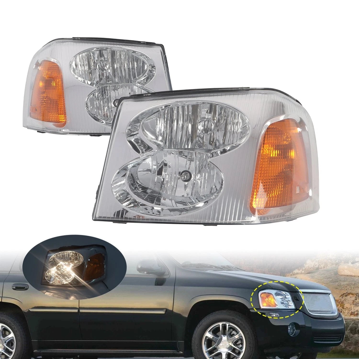Set of 2 Halogen Headlights for GMC Envoy (2002–2009) with Bulbs