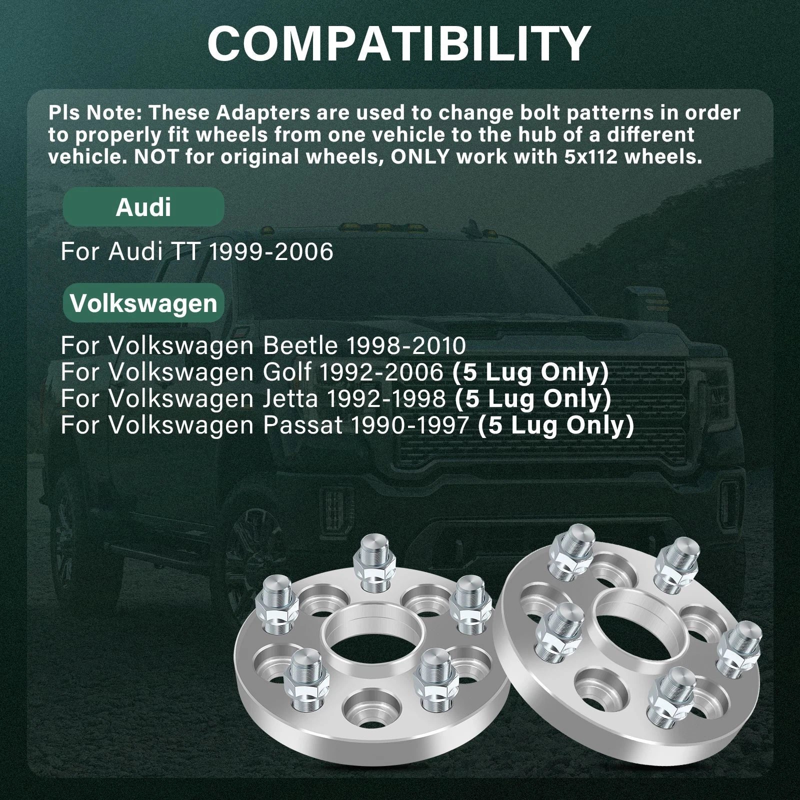 4X 20mm Wheel Adapters 5x100 to 5x112 14x1.5 for VW Jetta Golf Beetle Audi TT (2000–2023)