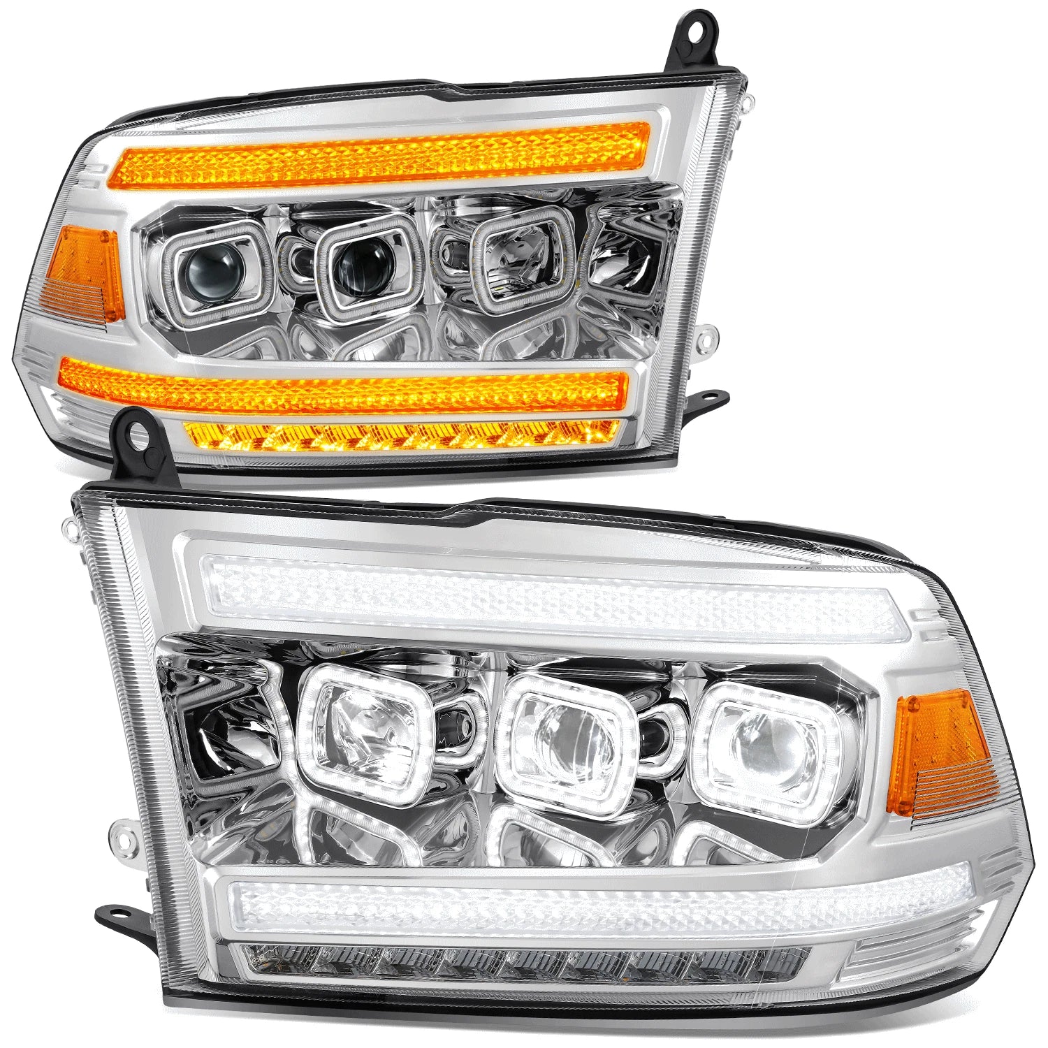 Pair of Chrome Housing Amber Corner LED Headlights for Ram 1500 2500 3500 (2013–2024)