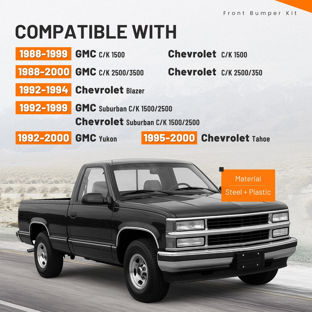 Front Bumper Kit Chrome for Chevrolet GMC C/K 1500 2500 3500 Yukon (1988–2000)