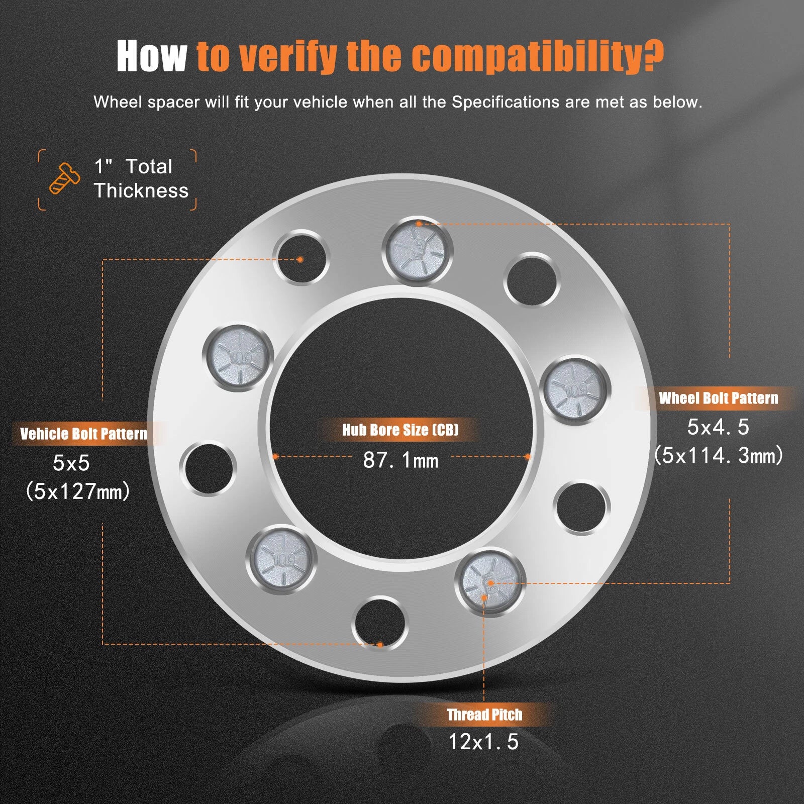 4X 1" Wheel Adapter 5x5 to 5x4.5 12x1.5 for Chrysler Town & Country, Dodge Journey