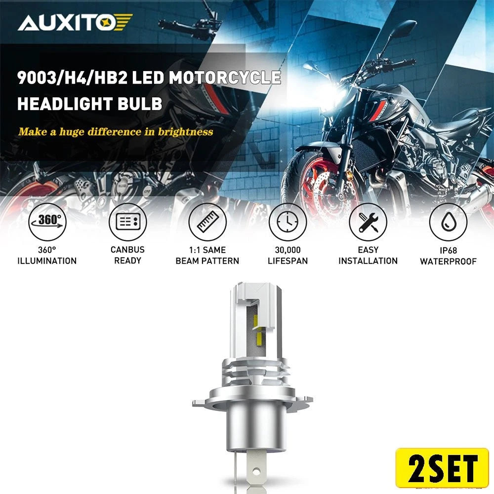 2X LED H4 Bulb White HID Hi/Low 360 Beam for Motorcycle