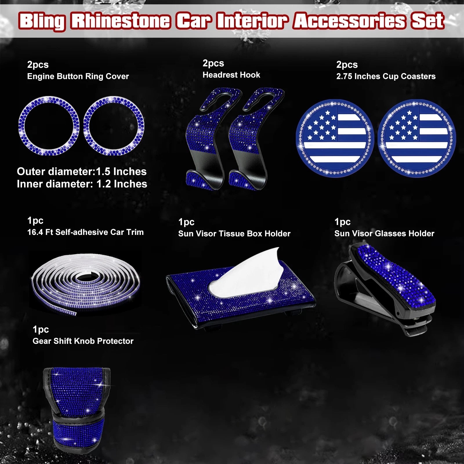 Fashion Blue Bling USA Flag Cup Coaster Interior Decor Kit for 2020-2023