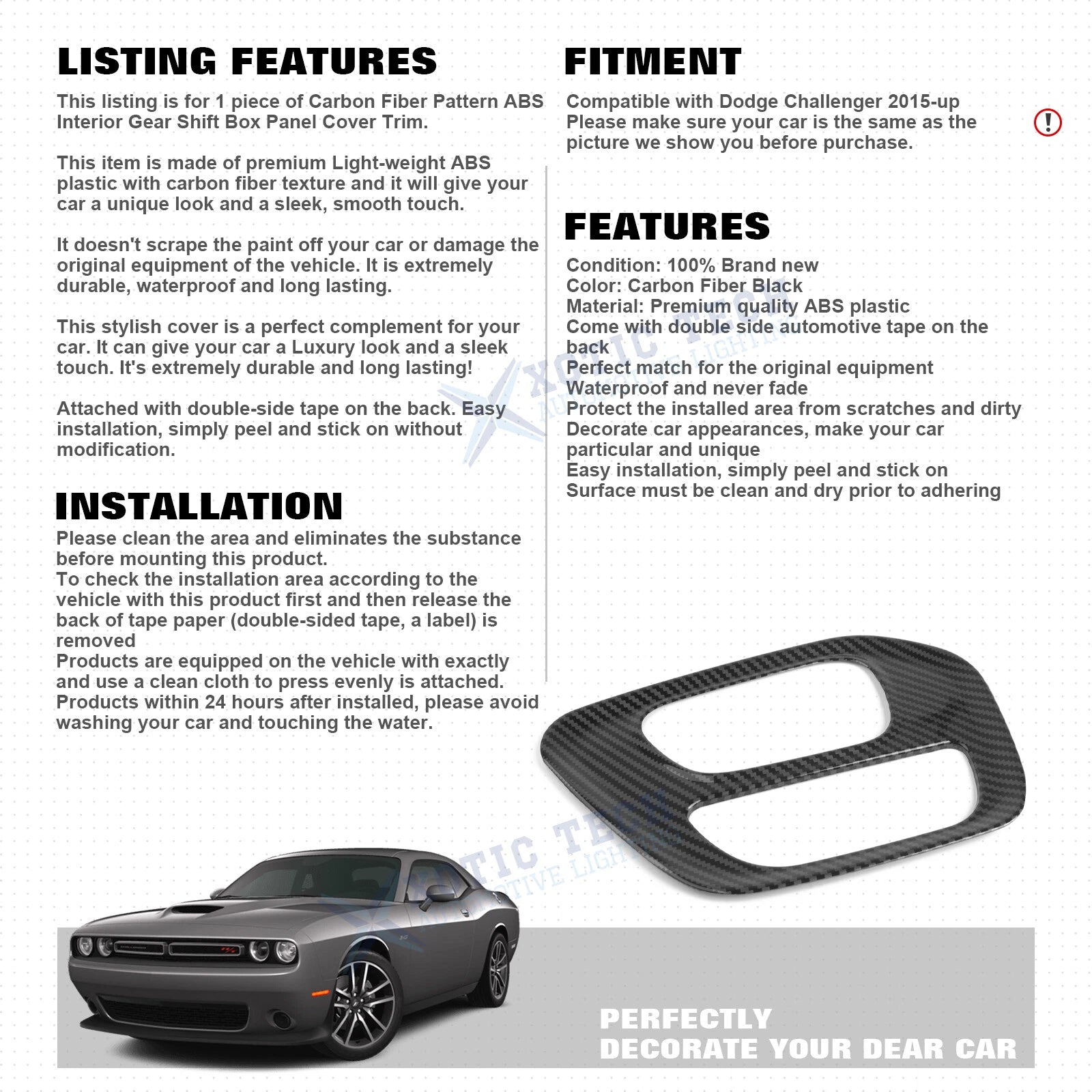 Carbon Fiber Style Gear Shift Media Frame Cover for Dodge Challenger (2015-2026)
