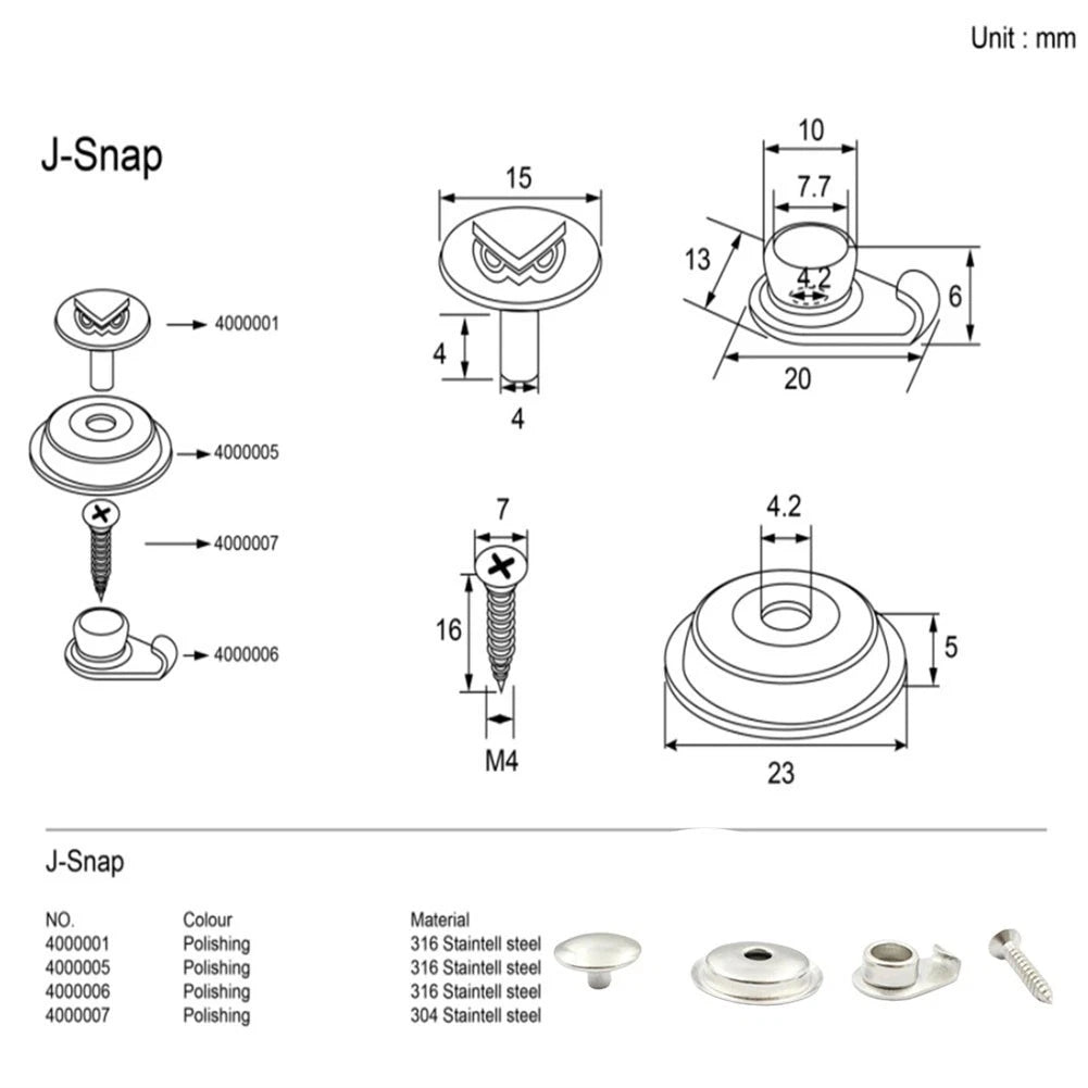 316 Stainless Steel Snap Fasteners Kit for Boat Canvas Covers